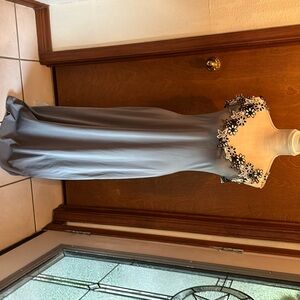 Grey long dress with embroidered V-neck